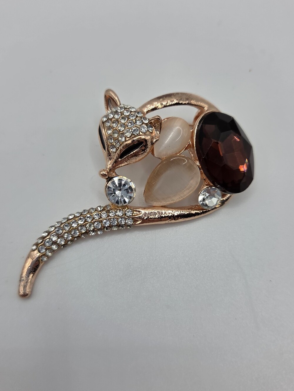 Rose Gold Fox Brooch Pave Crystal Deep Red Brown Statement Pin New